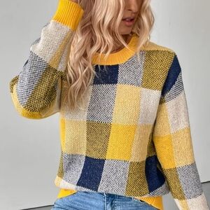 Plaid Yellow and Blue Women's Sweater